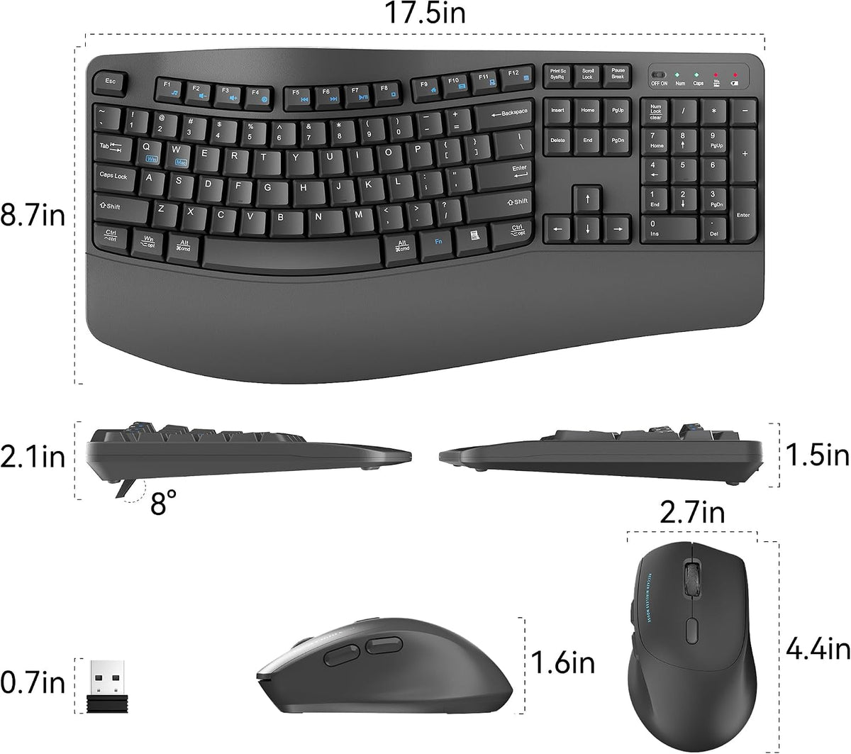 Wireless Keyboard and Mouse Combo,2.4G Full Size Ergonomic Wave Keys(Gray)