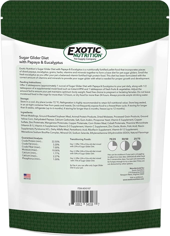 Sugar Glider Diet with Papaya and Eucalyptus (2 lb) - High Protein All Natural Healthy Sugar Glider Food - Nutritionally Complete Staple Diet