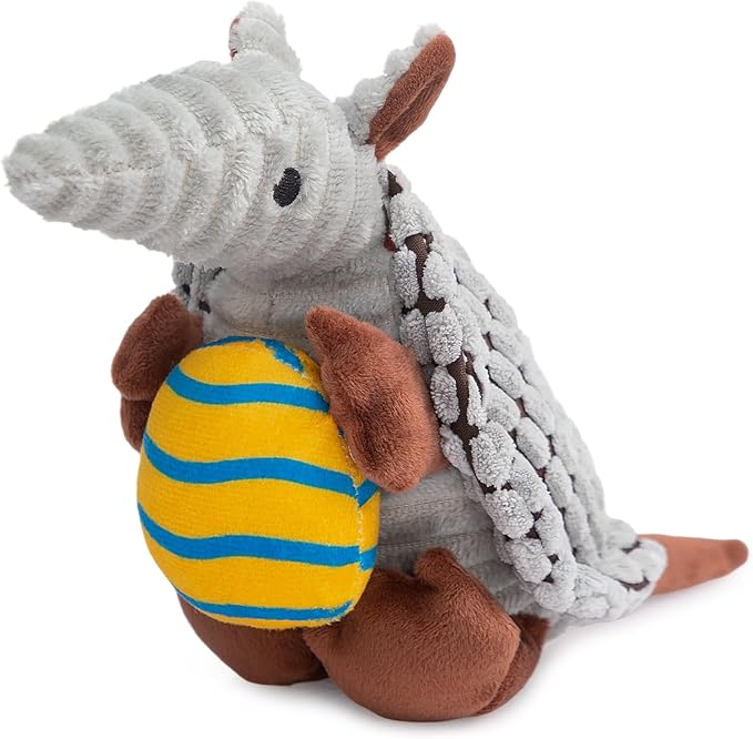 Hollypet Plush Dog Squeaky Toy Stuffed Armadillo Animal Pet Puppy Chew Toys with Clean Teeth for Small Medium Large All Breed Sizes Dogs, Gray, 8 in, Yellow Easter Egg with Blue Stripes