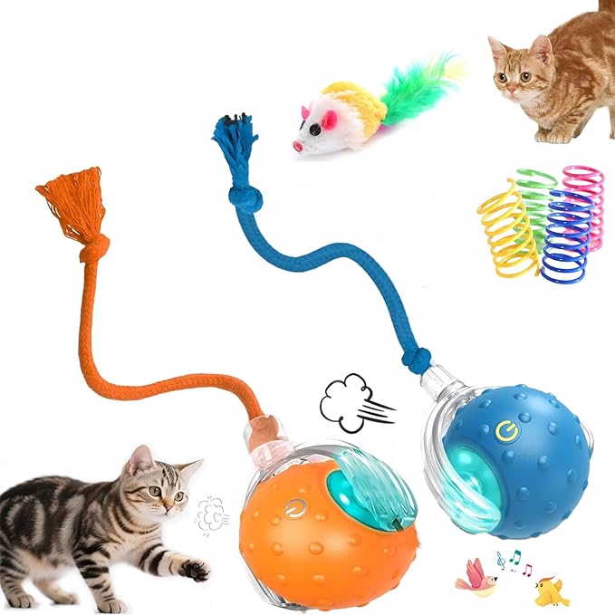 2-Pack Interactive Cat Toys Ball - 2025 New Gen with 360° Auto-Rotation Smart Obstacle Avoidance,Includes 4 Cat Spiral Spring＆1 Furry Cat Toy Mice,Ideal Kitten Toys for Bored Indoor Cats(Orange＆Blue)