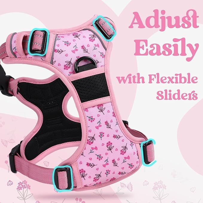 rabbitgoo Dog Harness Medium Sized, No Pull Pet Harness with 3 Buckles, Adjustable Soft Padded Vest with Control Handle, Walking Reflective Pet Vest for Medium Dogs, Floral Pink, M