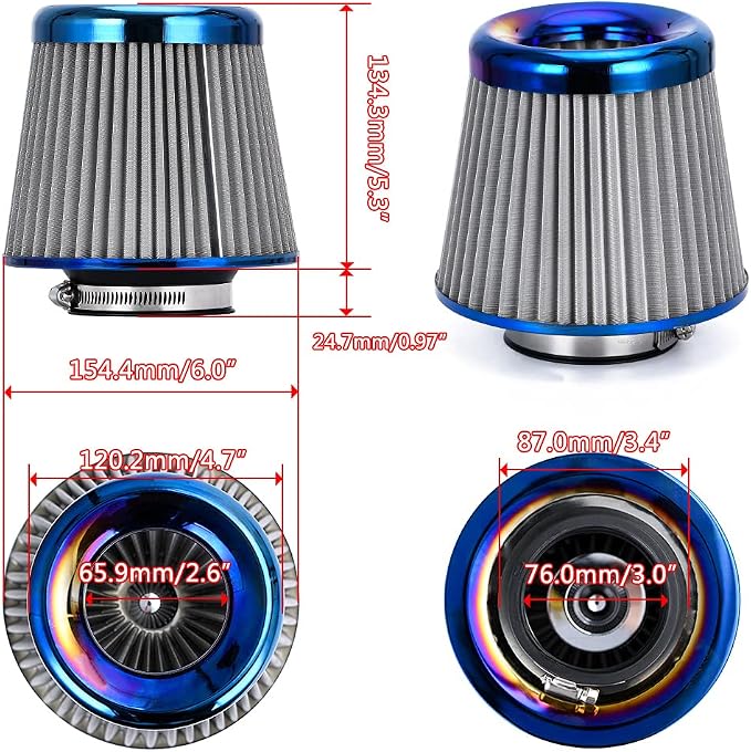 PTNHZ Universal Burnt Blue Neck 3" 76mm Car High Flow Cold Air Intake Air