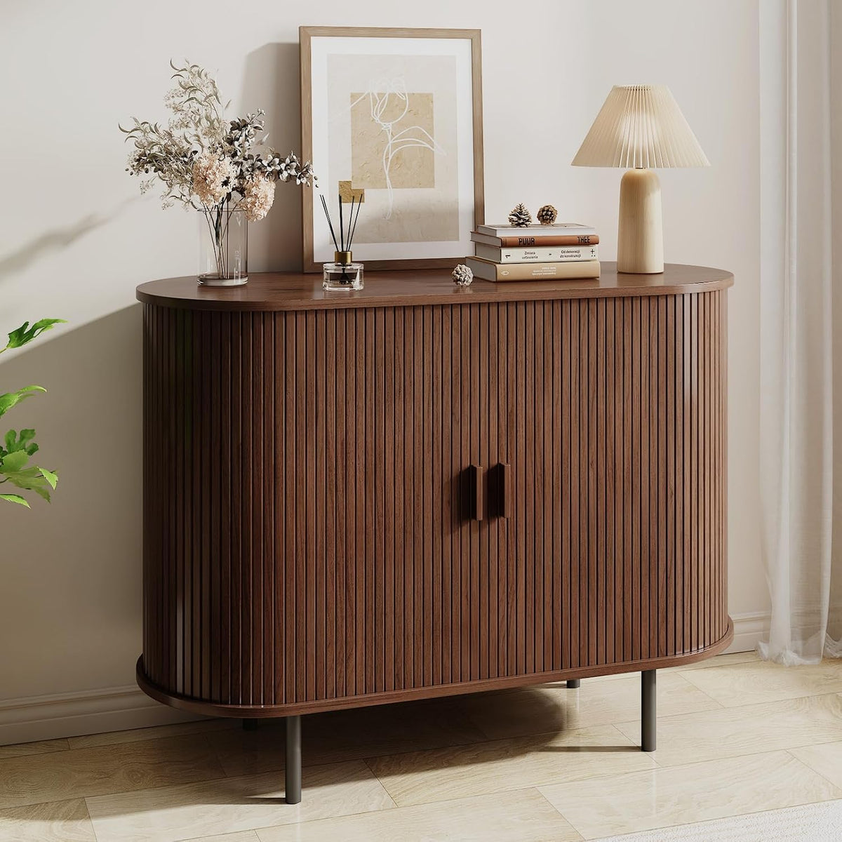 ComfyCorner 40" Fluted Buffet Sideboard Cabinet with Sliding Door, Walnut
