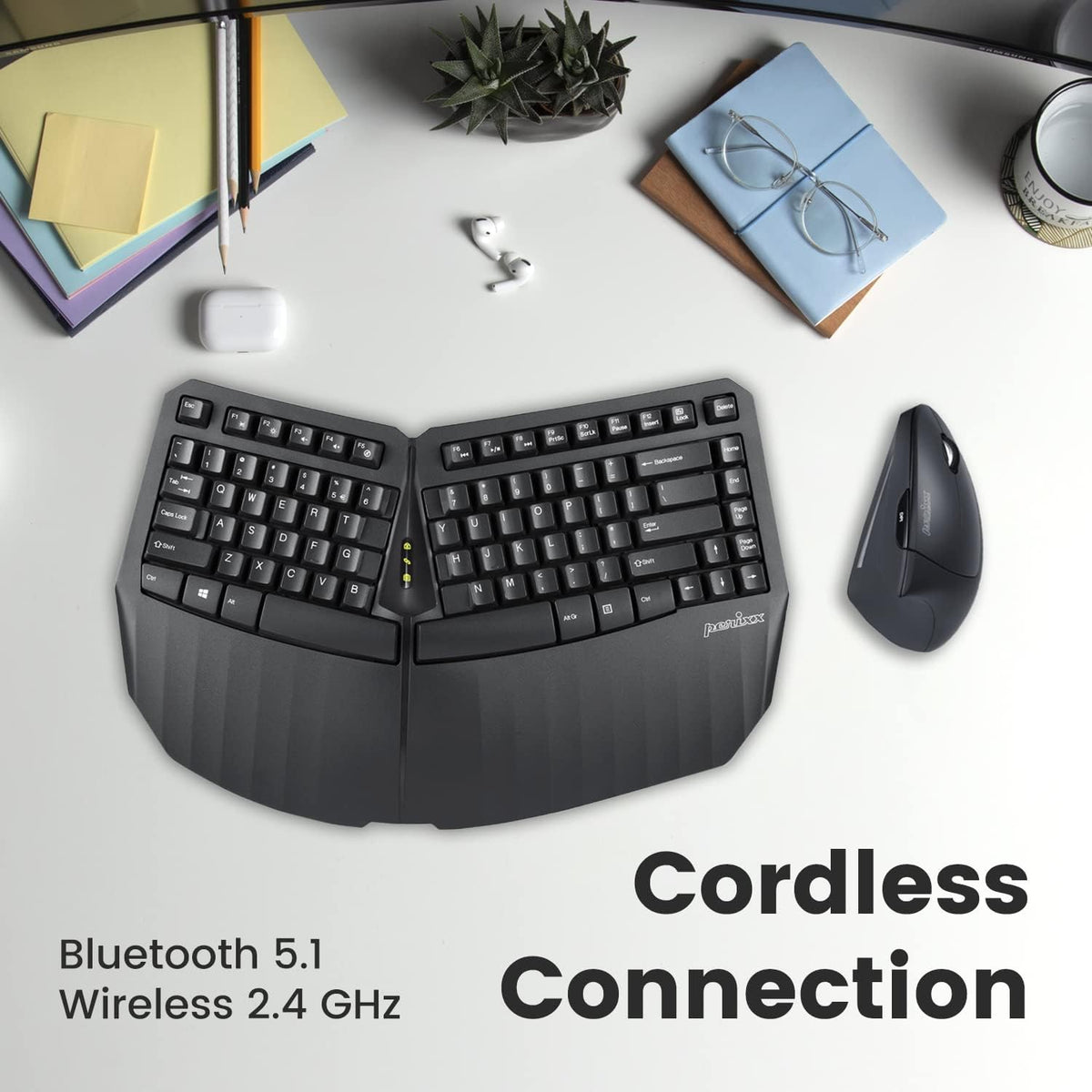 Perixx PERIDUO-813B US, Wireless Ergonomic Compact Keyboard and Vertical Mouse - Multi-Device - Black - US English