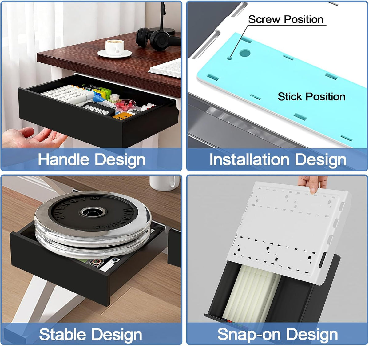 SVNNELP Under Desk Table Drawer Storage Organizer,3 Pack Large & Medium & Small Slide Out Desk Drawers - Hidden Desktop Organizer,Adhesive Storage Pencil Tray Under Table(BLACK/LMS)
