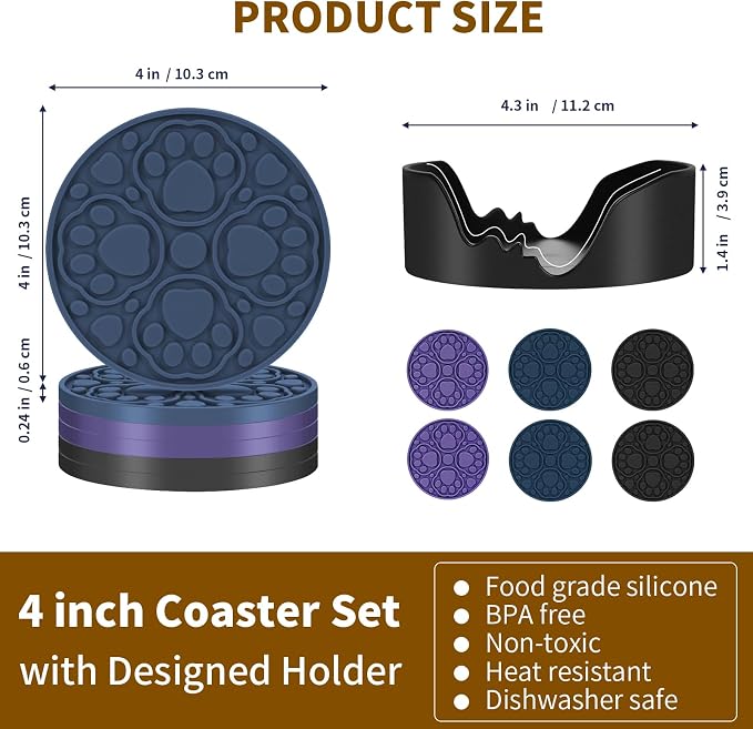 4 Inch Silicone Coasters Set of 6, Non-Slip Drink Coaster