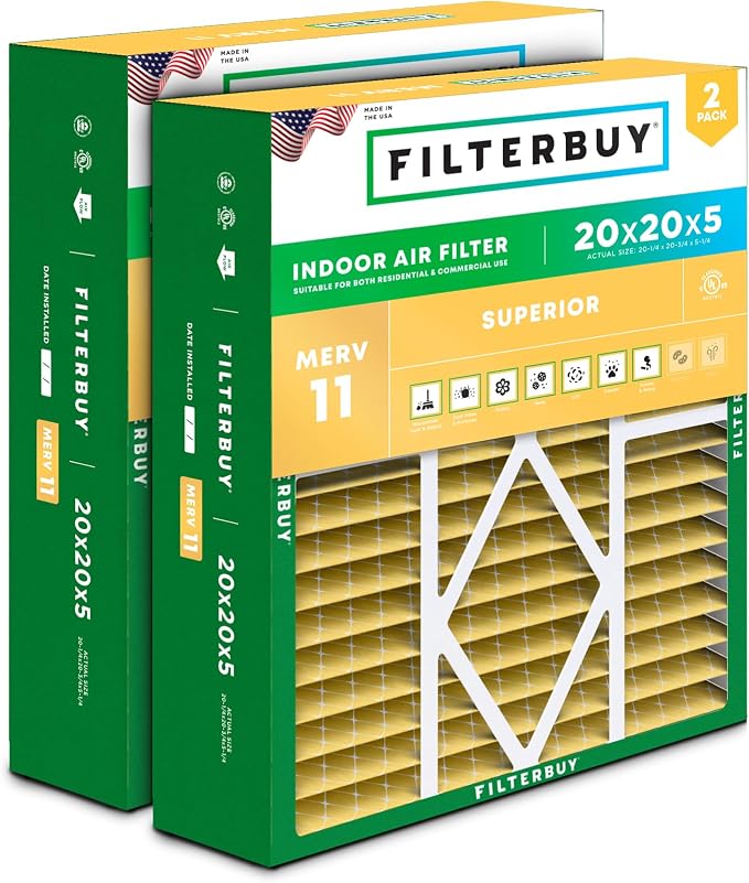 Filterbuy 20x20x5 Air Filter MERV 11 Superior Pet & Allergy Defense, Pleated