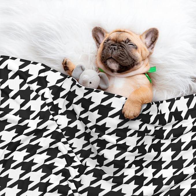 Reversible Plush Throw for Dogs and Cats, Black and White Houndstooth, Double Sided Blanket with Nubby Dot Side and Sleek Side Ideal for Cuddling Nesting Security