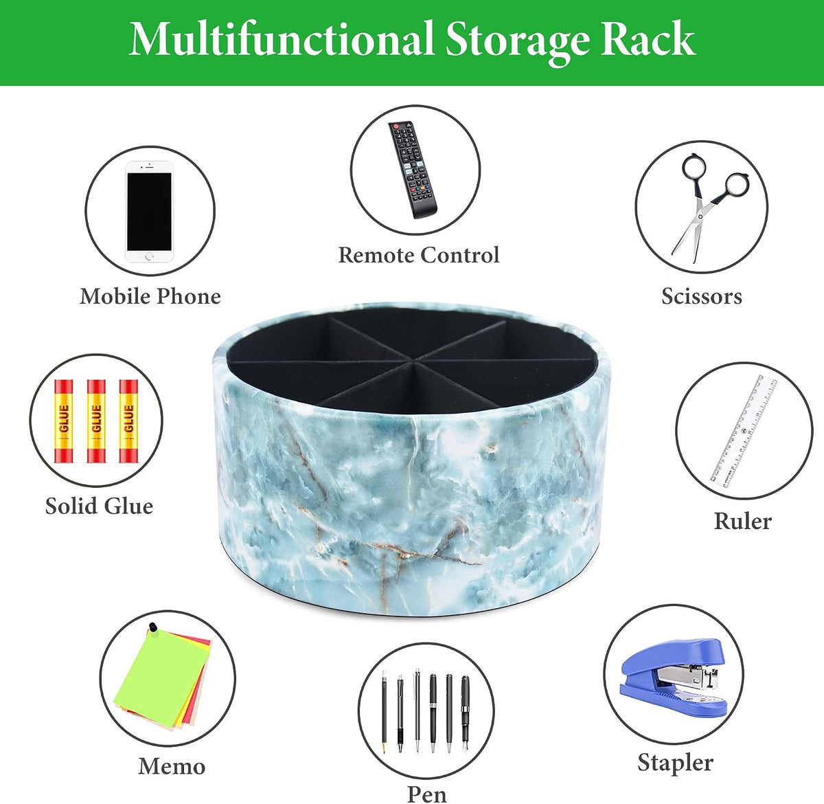 Remote Control Holder, 360°Spinning PU Leather Desk TV Remote Caddy,Desk Storage Box Room Accessories for Controller, Media,Mail,Calculator, Mobile Phone,Pencil(1-Big Marble Green)
