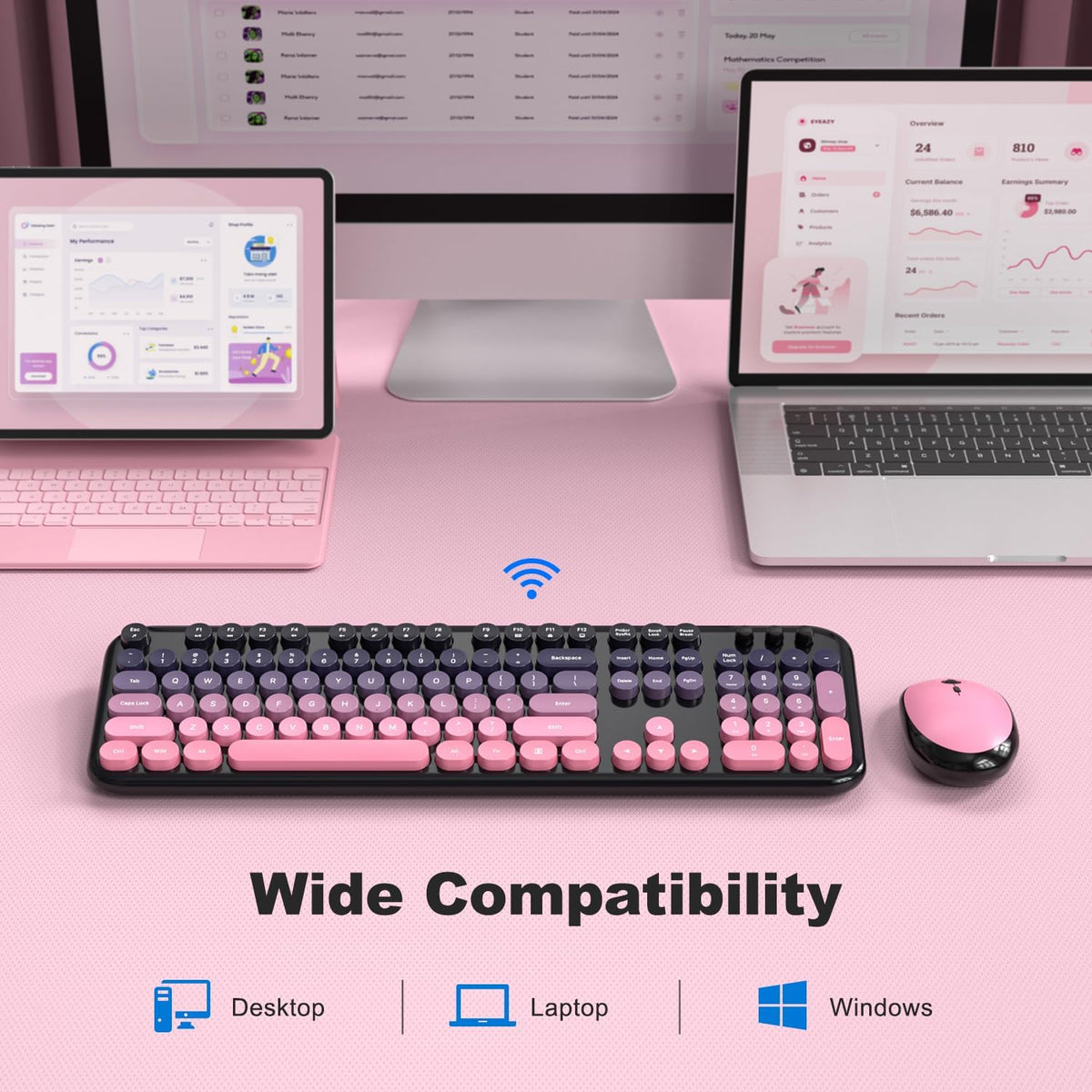 Wireless Keyboard Mouse Combo - Lovely CherryPink-Gradient Rainbow Full-Sized Typewriter Colorful Keyboards, Round Keycap Plug Play Retro Cute Keyboards for Windows, Laptop, PC, Desktop, Computer