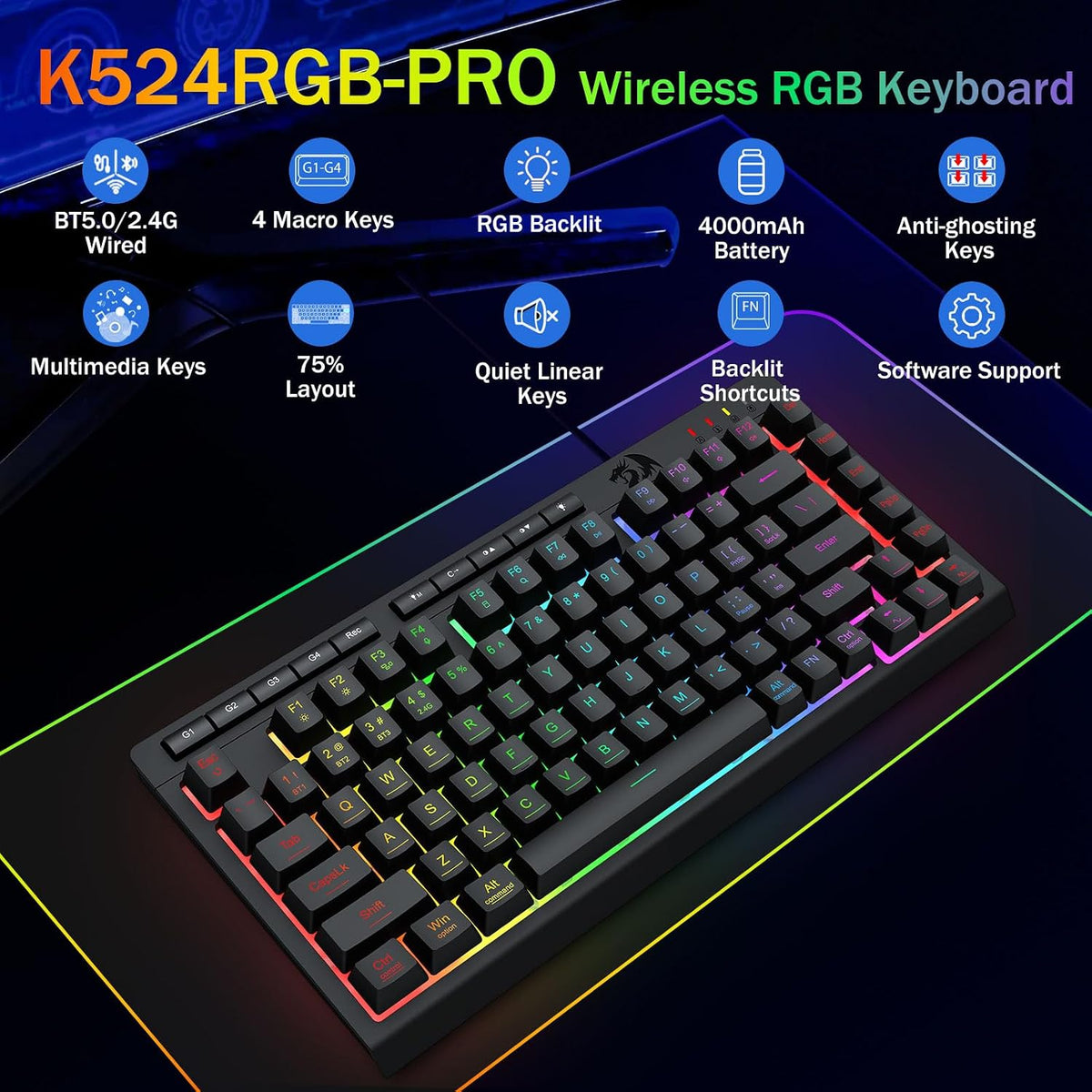 Redragon Wireless Gaming Keyboard, RGB Backlit, Portable 75% Design, Black