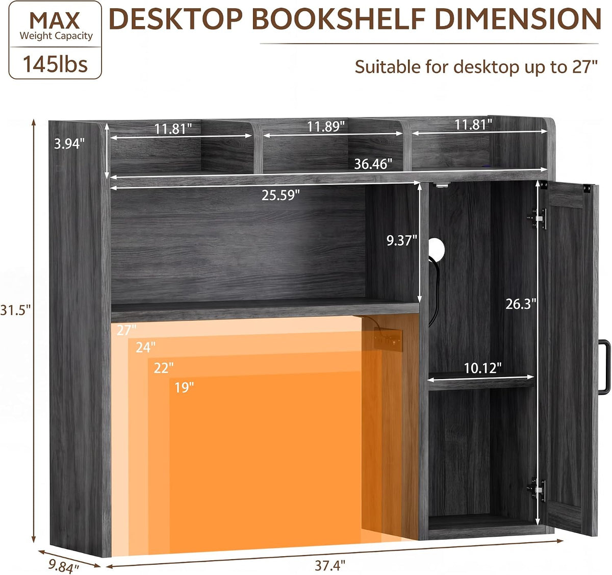 Dorm Desk Hutch, 37.4" Desktop Shelf with 6 Shelves & Power Outlet