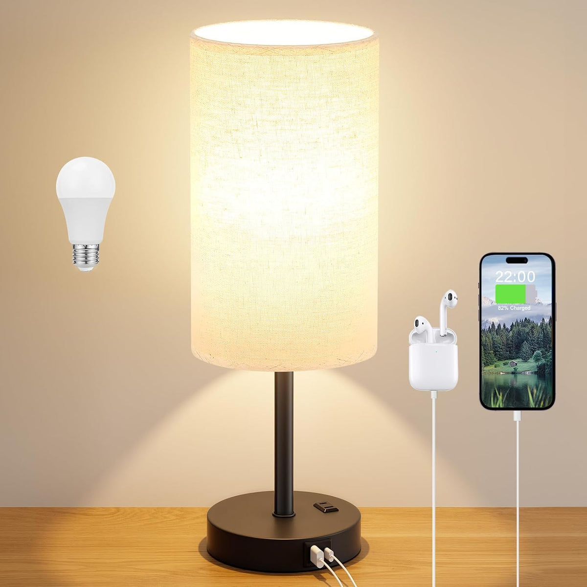 Dicoool 17.4" Bedside Lamp for Bedroom - Dimmable Touch, USB A+C, AC Outlet