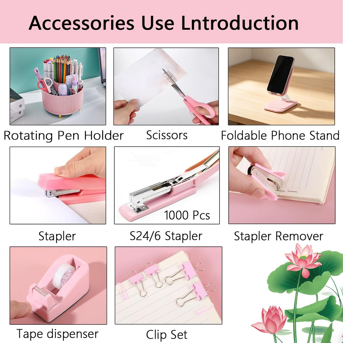 Office Supplies,Pink Desk Accessories,Desk Organizer,Stapler,Tape Dispenser,Folding Phone Stand,Scissors,Notebook,Staple Remover,Staples,Clear Tape,Sticky Notes,Clips,Cool Pen,Bookmark,Ect.22pcs