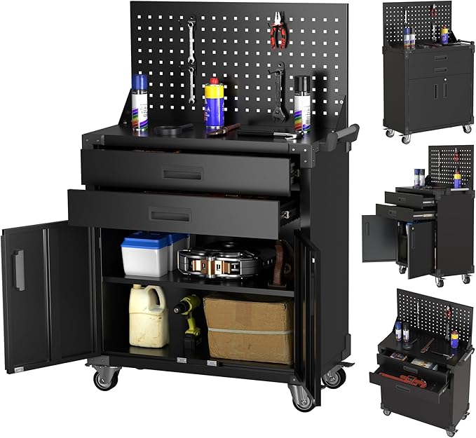 SUXXAN Black Tool Cart with Pegboard and 4 Hooks,Garage Storage Cabinet on Wheels with 2 Drawer,Industrial Service Utility Tool Cart for Mechanics, Garage, Workshop