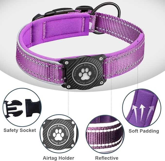 Airtag Dog Collar with Waterproof Air Tag Holder, Luminous Reflective, Soft Padded, Adjustable Nylon Pet Collar for Small Medium Large Heavy Duty Dogs,Purple, XL