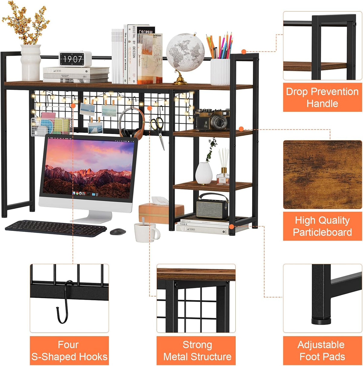 Snughome Desk Shelf, 44.9" Desktop Organizer Shelf, Desk Hutch for Computer Monitor, 4 Tier Desk Display Rack with Pegboard Hooks Set, Wood Desktop Bookshelf for Home Office Dorm