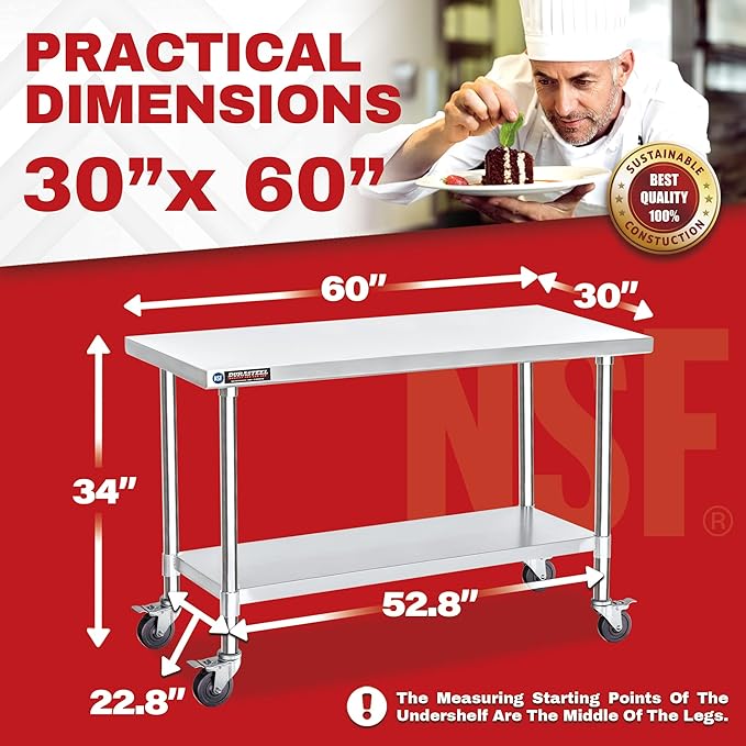 DuraSteel 30x60 NSF Stainless Steel Cart - Heavy Duty Food Prep Table with Undershelf - Rolling Kitchen Island on Wheels for Commercial Restaurant Kitchen, Garage, Outdoor Cooking, BBQ Grill, Counter