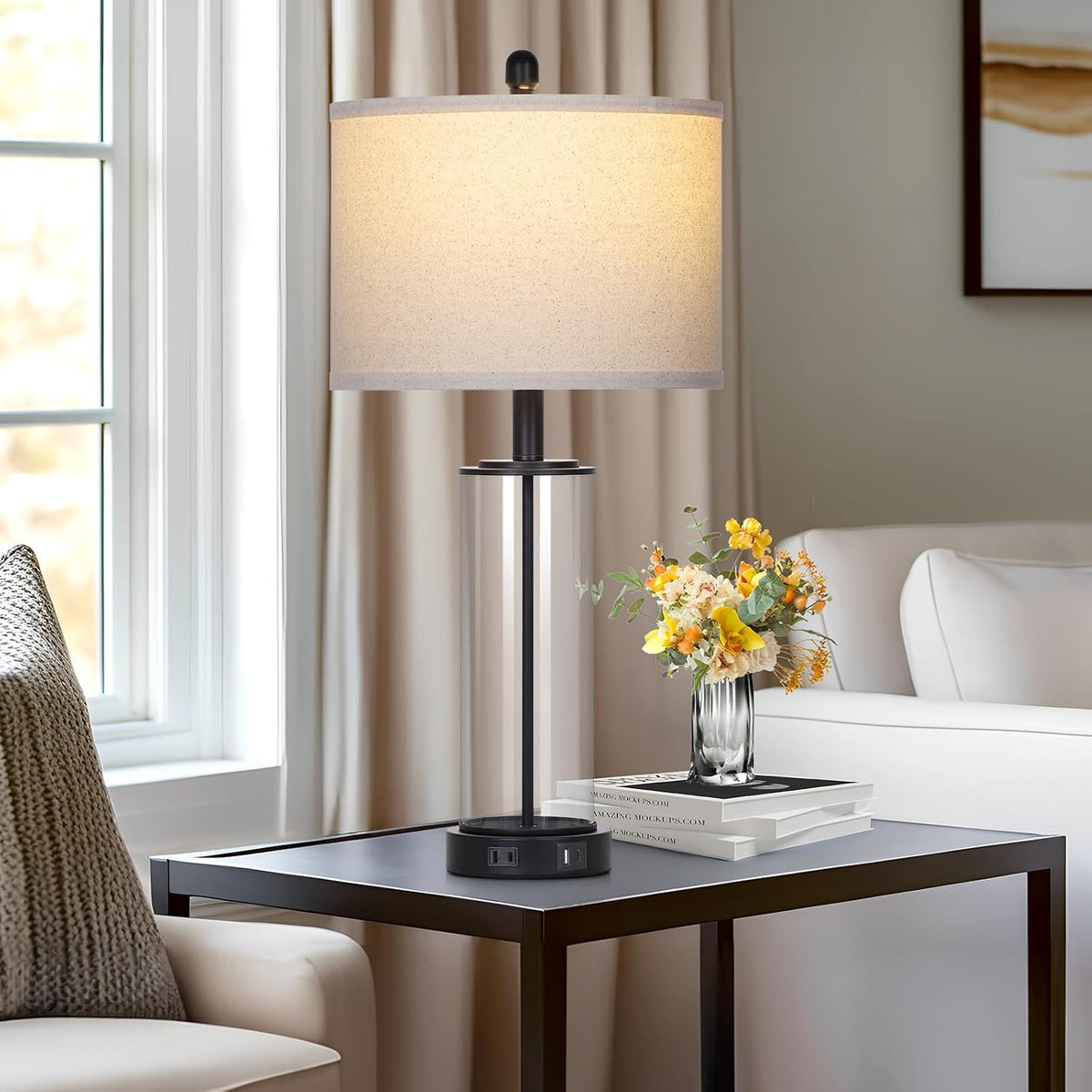 26" Black Glass Table Lamps Set of 2, 3-Way Dimmable Touch Control Living Room Lamp with USB C+A Ports & AC Outlet, Modern Bedside Lamps, Elegant Bedroom Lamps for Nightstand Side End Table Desk