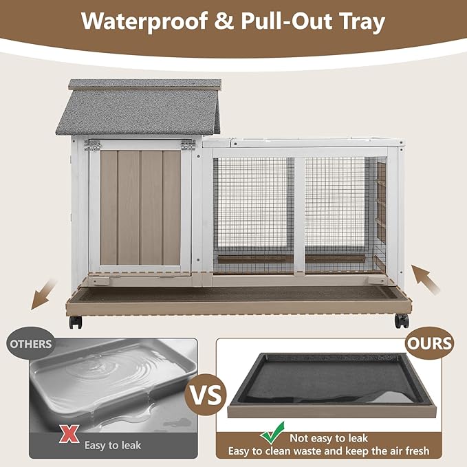 38''L Rabbit Hutch Outdoor with Wheels, Wooden Expandable 2 Story Bunny House Rabbit Cage Indoor with Run, Pull Out Tray, Waterproof Roof, Guinea Pig Cage Chicken Coop for Small to Medium Pets