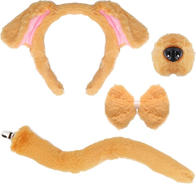 Fumwase Puppy Costume Set Dog Ears Headband Nose Bow Tie Tail Animal Cosplay Party Halloween Costume Accessoies