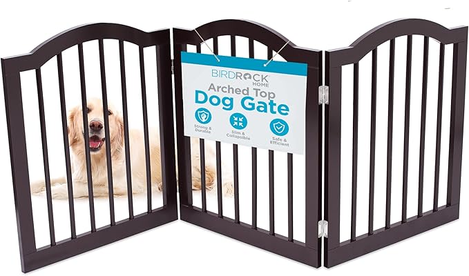 INTERNET'S BEST Arched Top Dog Gate | 3 Panel, 24" H Wooden Pet Barrier for Dogs or Cats | Freestanding Folding Room Divider for Doorways, Hallways, Stairs, and Porch | Portable, Extra Wide | Espresso