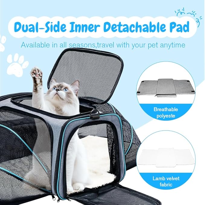 Double Expandable Cat Carrier,Airline Approved Soft-Sided Pet Travel Carrier for Small Dogs Cats under 15 lbs,Waterproof 600D Oxford Fabric with Washable Replacement Liner,Odor-Free & Claw-Proof(Blue)