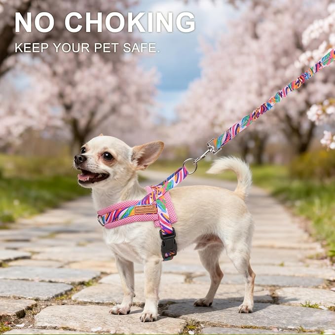 BEAUTYZOO Dog Harness for Small Dogs,No Pull Dog Harness and Leash Set,Soft Escape Proof Puppy Vest Harness with Handle,Reflective Lightweight Step in Harness for Girl Boy Dogs,Pink_Print XS