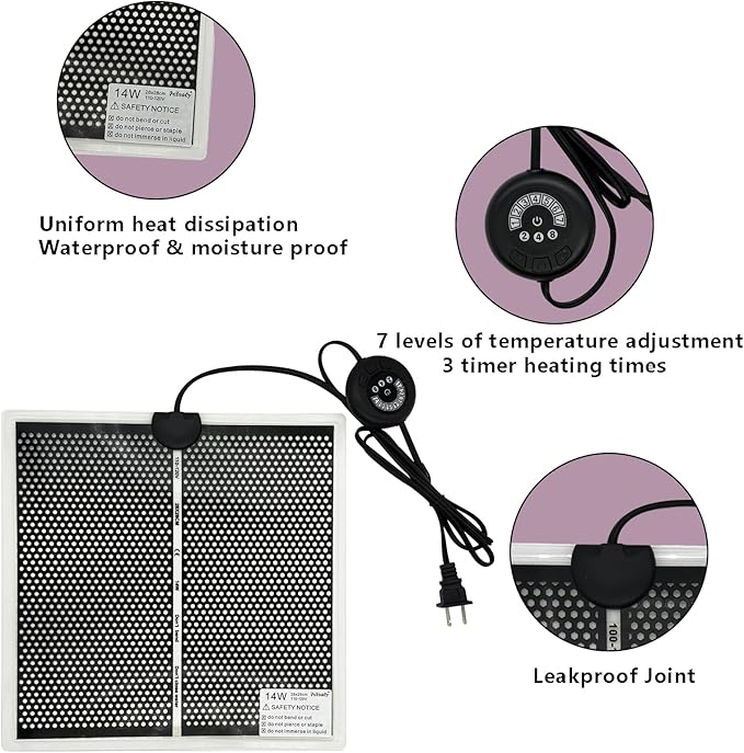 Reptile Heat Pad with 7 Button Temperature Adjustment, Under Tank Terrarium Heat Mat for Reptiles Tortoise Snakes Lizard Gecko Frog Hermit Crab and Other Small Animal, 14W Reptile Heating Pads