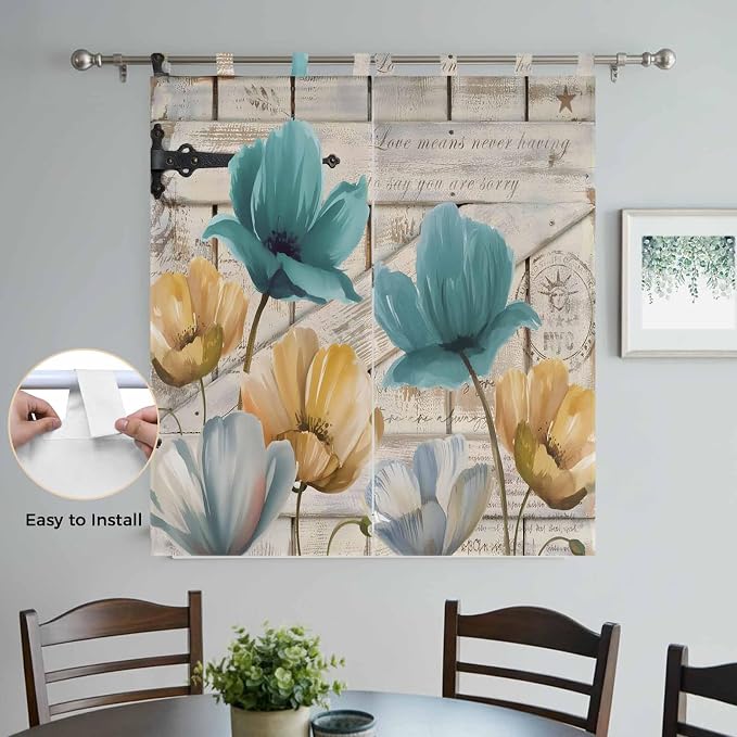 Watercolor Flowers Bathroom Curtains 63 Inch Length, Window Curtains Tab Top