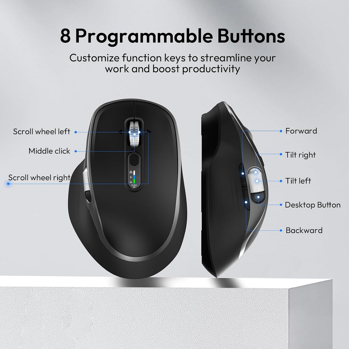 Wireless Bluetooth Rechargeable Mouse with 8 Programmable Buttons-Black