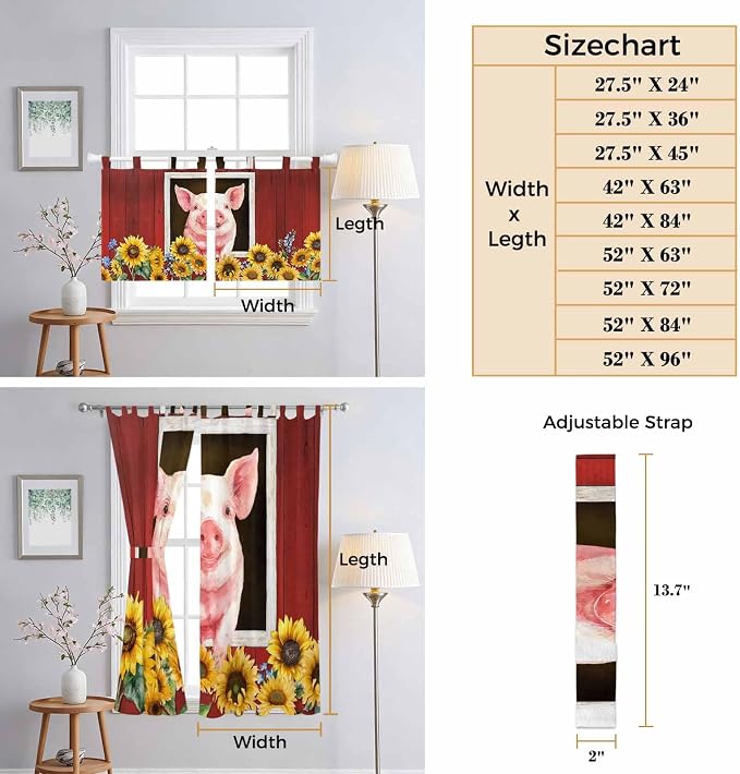 Pigs Sunflowers Kitchen Curtains 36 Inch Length, Small Window Curtains Tab Top