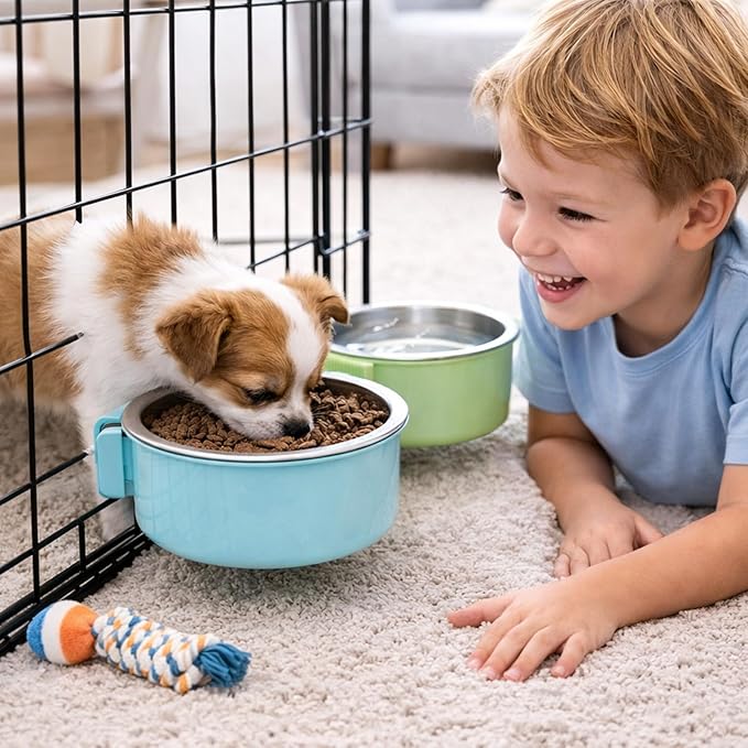 HERCOCCI 2 Pack Dog Crate Bowls, Hanging Removable Stainless Steel Food and Water Bowls for Puppies, Small Dogs, Cats, Rabbits & Ferrets (Blue, Green)