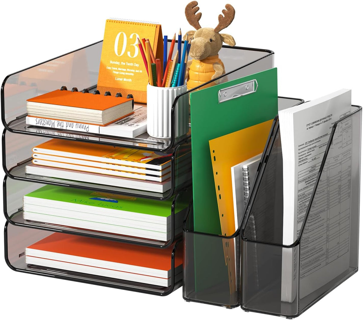 FANXIYQ 4-Tier Brown Acrylic Paper Tray Organizer with 2 Bookends