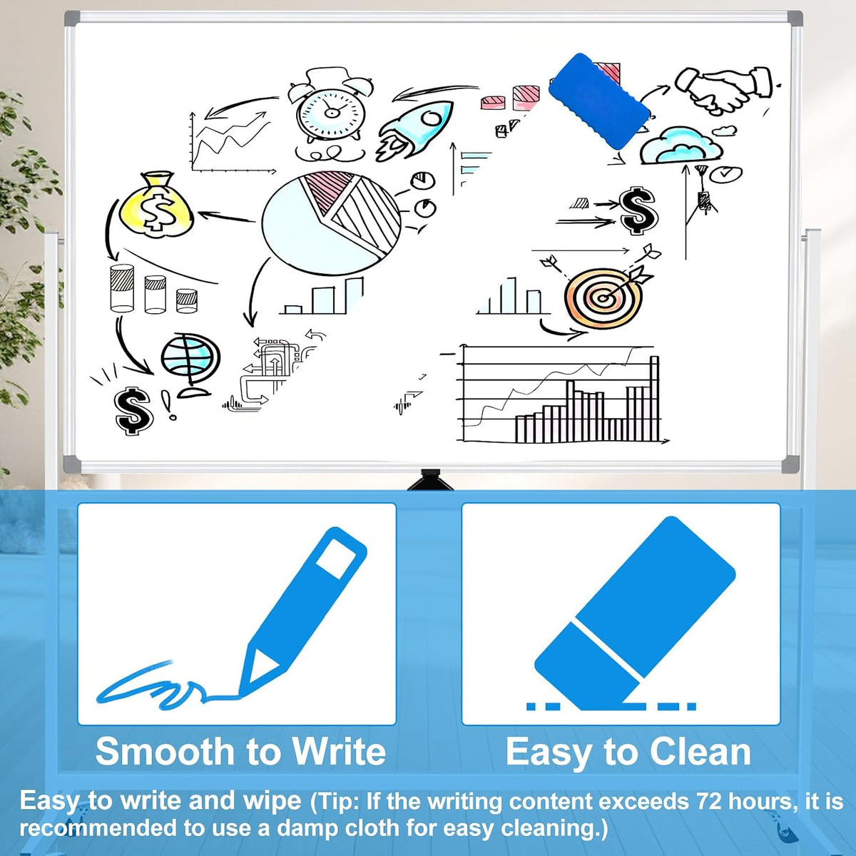 Large Rolling Whiteboard on Wheels, Double-Sided 72 X 40 Inch