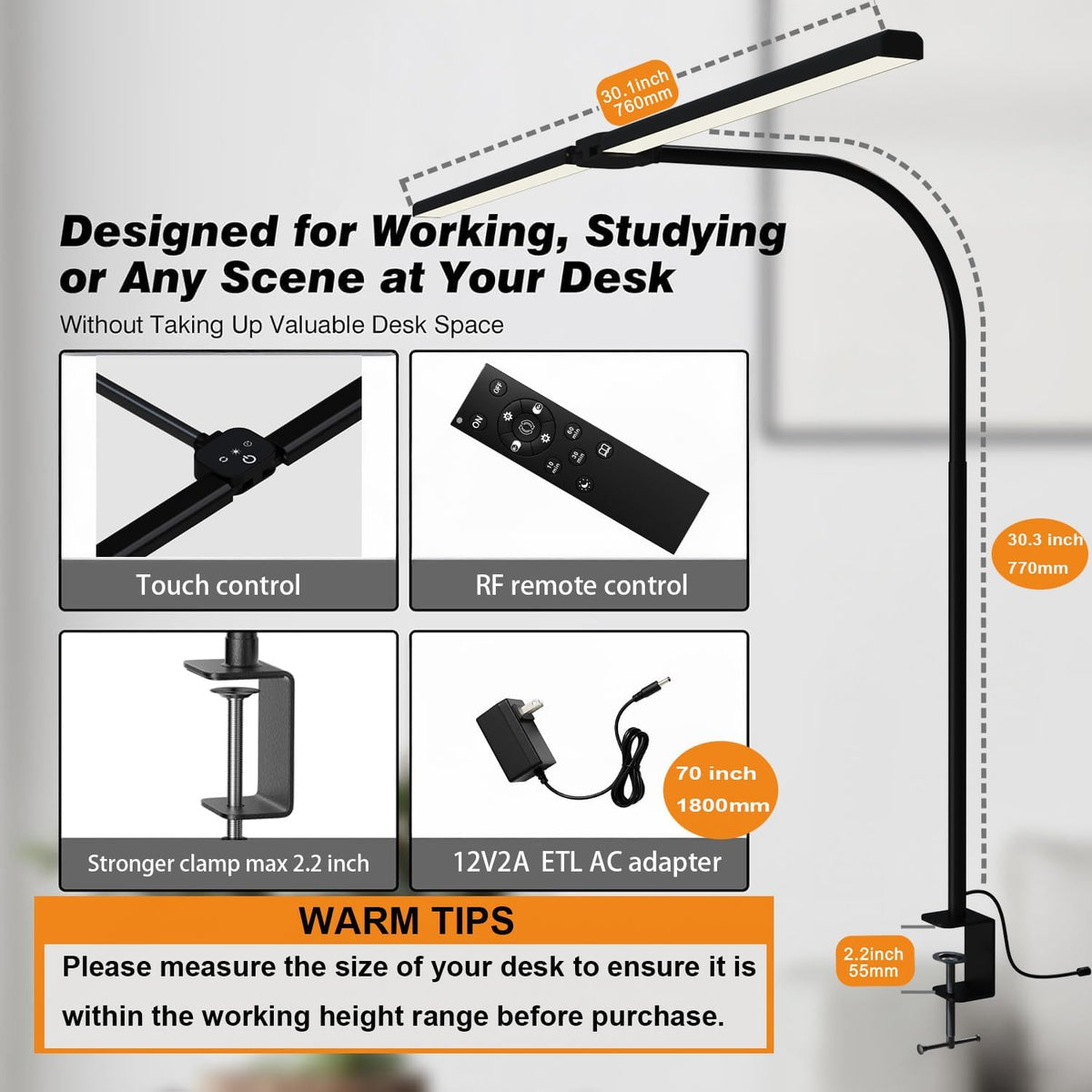 LED Desk Lamp for Home Office, Eye Caring Architect Desk Light with Clamp,50 Lighting Models,Remote and Touch Control,24W 2000LM,Memory Function and Timer for Study, Reading,Workbench Black