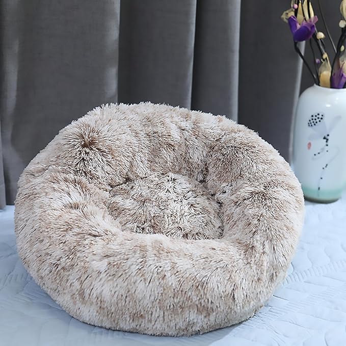 Calming Dog Bed for Small Dogs, Calming Donut Cuddler Pet Bed Anti Anxiety Round Dog Bed Fluffy Plush Faux Fur Cat Bed,Khaki,35.5IN