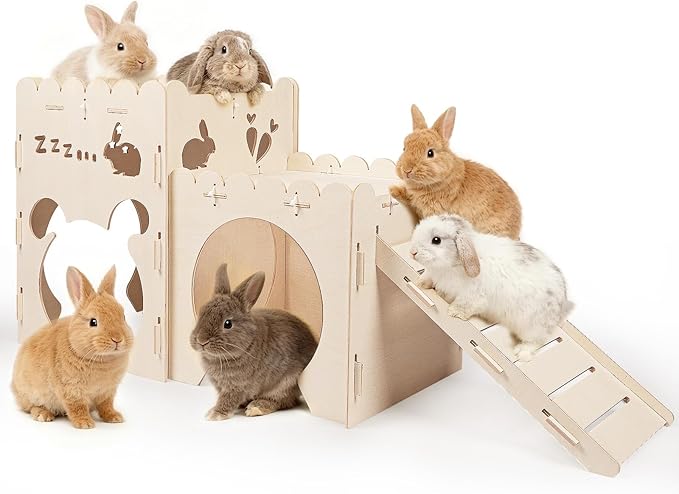 Large Rabbit Castles,Bunny Castle,Wooden Bunny House,Detachable Hamster Hideaway, Indoor Guinea Pig Castle with Ramp, Small Animal Houses & Habitats