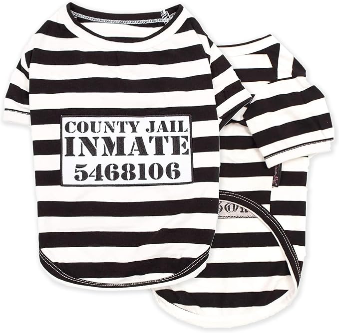 Parisian Pet - Medium Dog Shirt - Black & White Striped - Cotton & Polyester - Sleeved & Lightweight - Prisoner Dog Theme