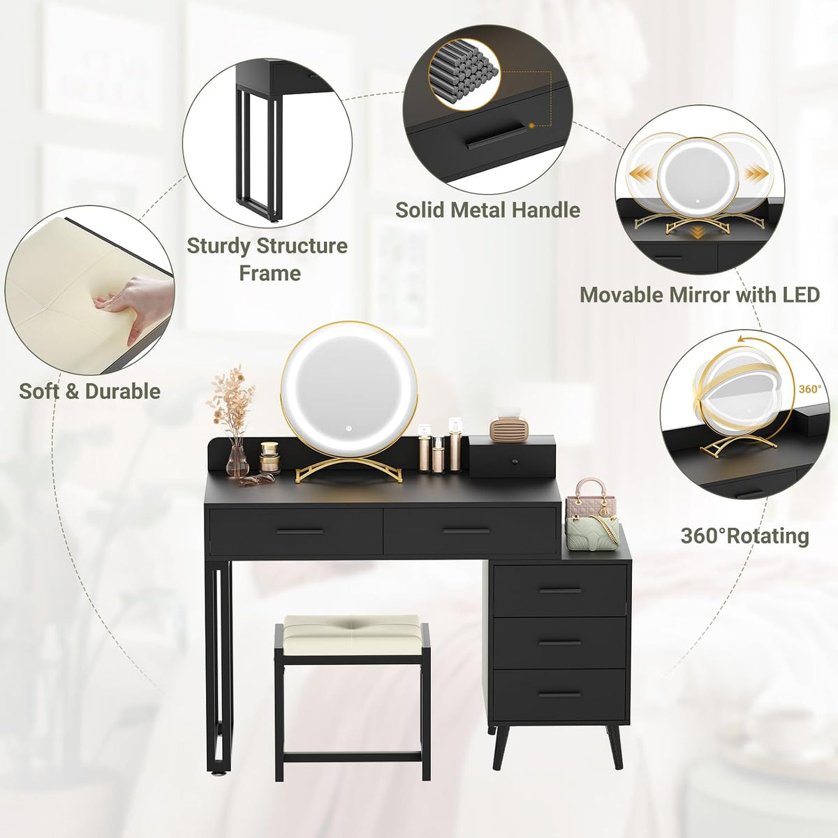 Armocity Black Vanity Desk with Mirror and Lights, Modern Makeup Vanity Table Set with 6 Storage Drawers and Cushioned Stool for Bedroom, Dressing Table with Divided Organizers for Women Girls, Black