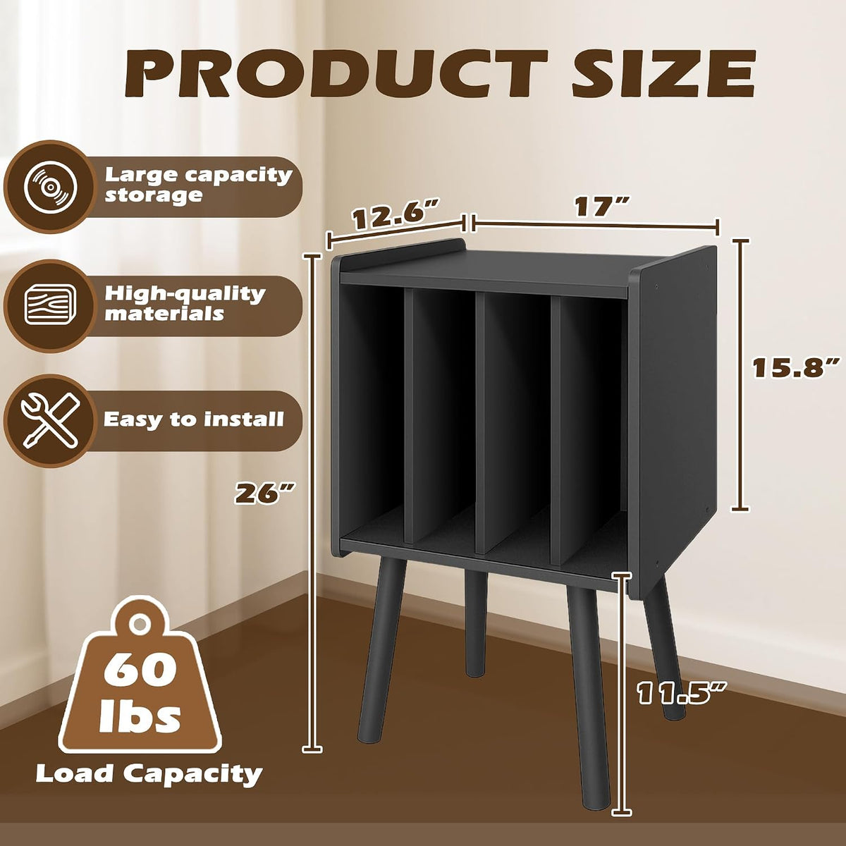 Record Player Stand, Vinyl Record Storage Table with 4 Cabinet, Mid Century Modern Turntable Stand, Organizer Vinyl Table for Bedroom Living Room (Black)