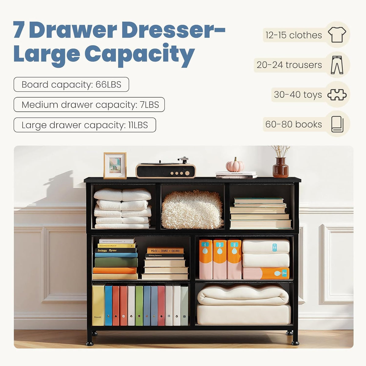 Dresser for Bedroom with 7 Drawers, Anti-Tip Fabric Storage Tower