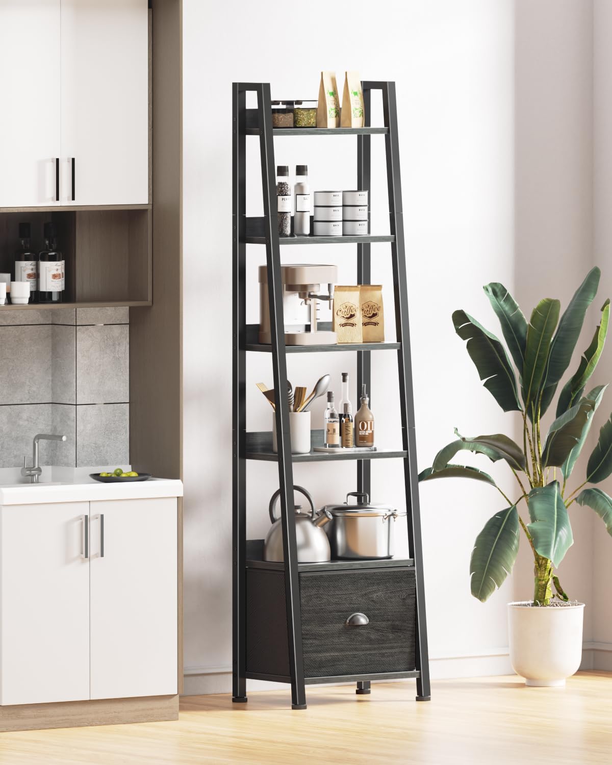 Furologee Bookshelf Set of 2, 6 Tier Ladder Shelf with Drawer