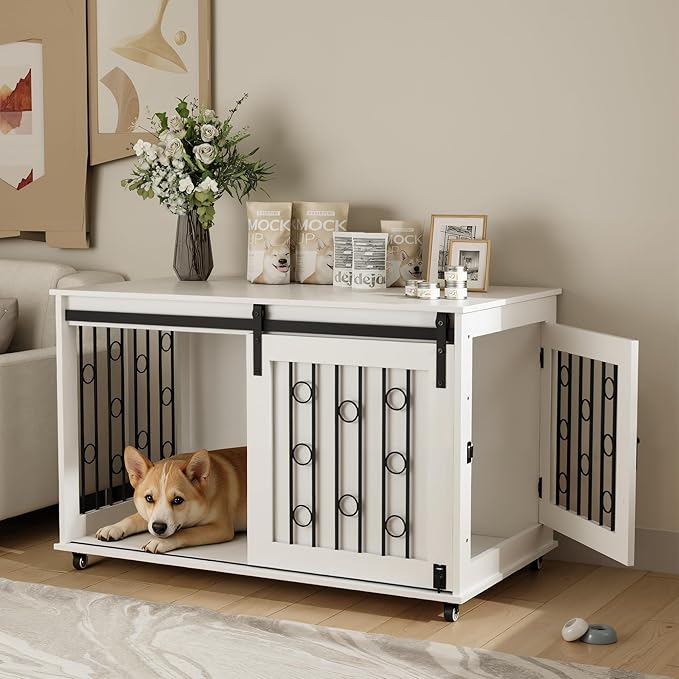 39.37'' Modern Wooden Dog Crate Furniture with Sliding Barn Door and Side Door, Indoor Dog Kennel End Table for Small to Medium Dogs, Decorative Pet Crate with Metal Bars and Lockable Wheels