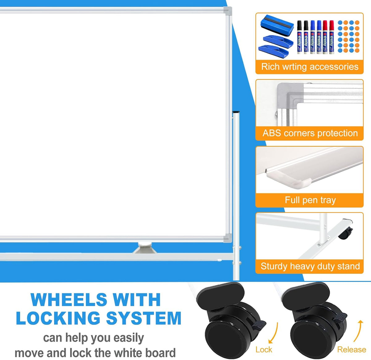 Large Rolling Whiteboard on Wheels 96"x48", Double-Sided Mobile Whiteboard