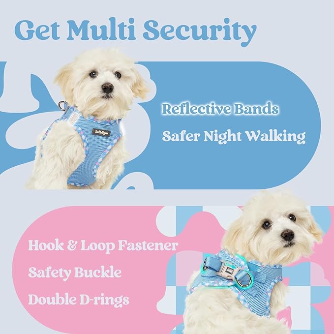 rabbitgoo Small Dog Harness, Step-in Soft Mesh Puppy Vest with Safety Buckle, Breathable Reflective Pet Harness for Small Sized Dogs, Blue & Plaid Trim S