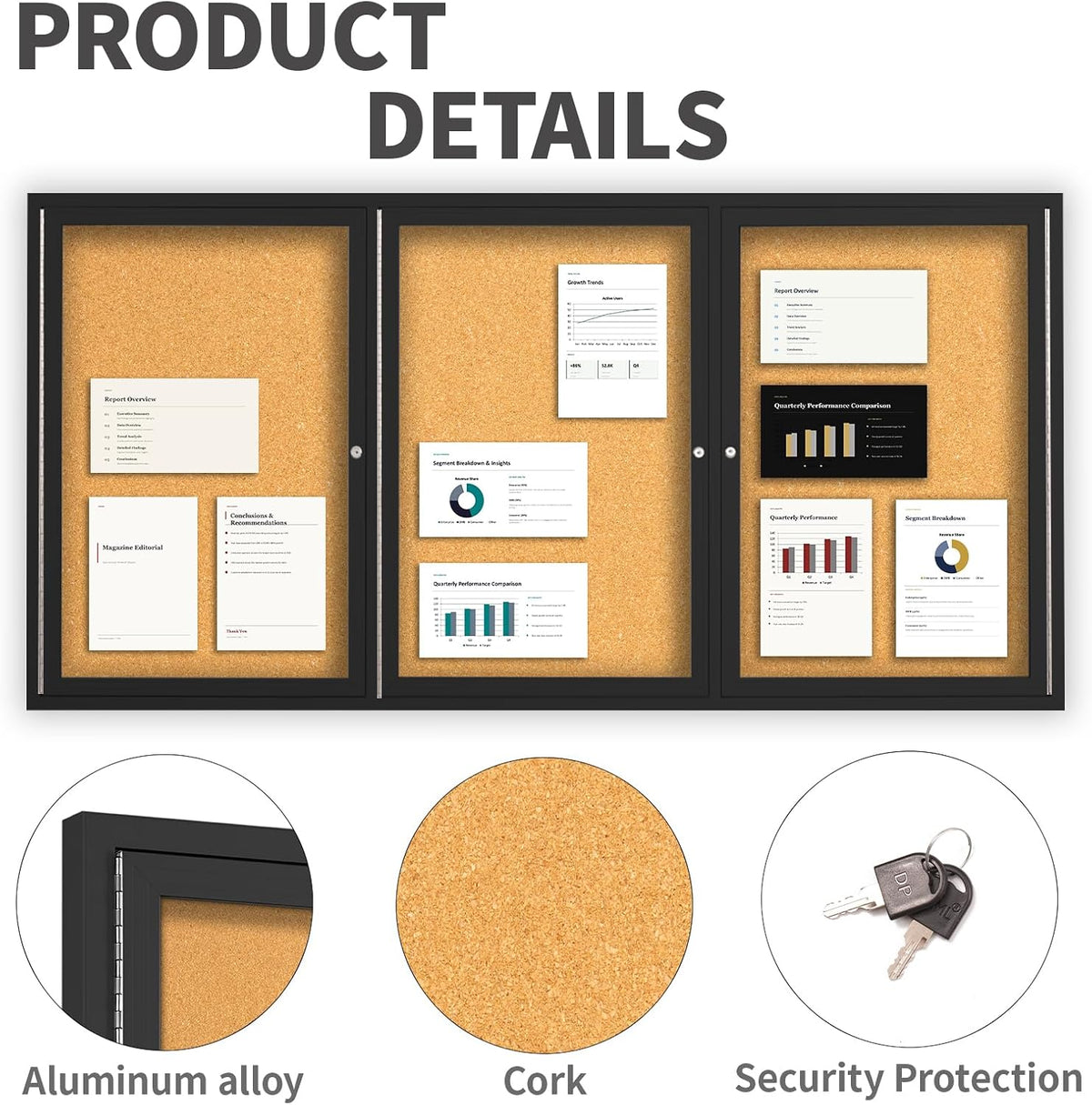 Lockable Enclosed Bulletin Board, 71 x 36 Inch 3-Door Cork Board Display Case with Acrylic Doors and Aluminum Frame, Large Wall Mounted Bulletin Board for School, Office, Church, Community