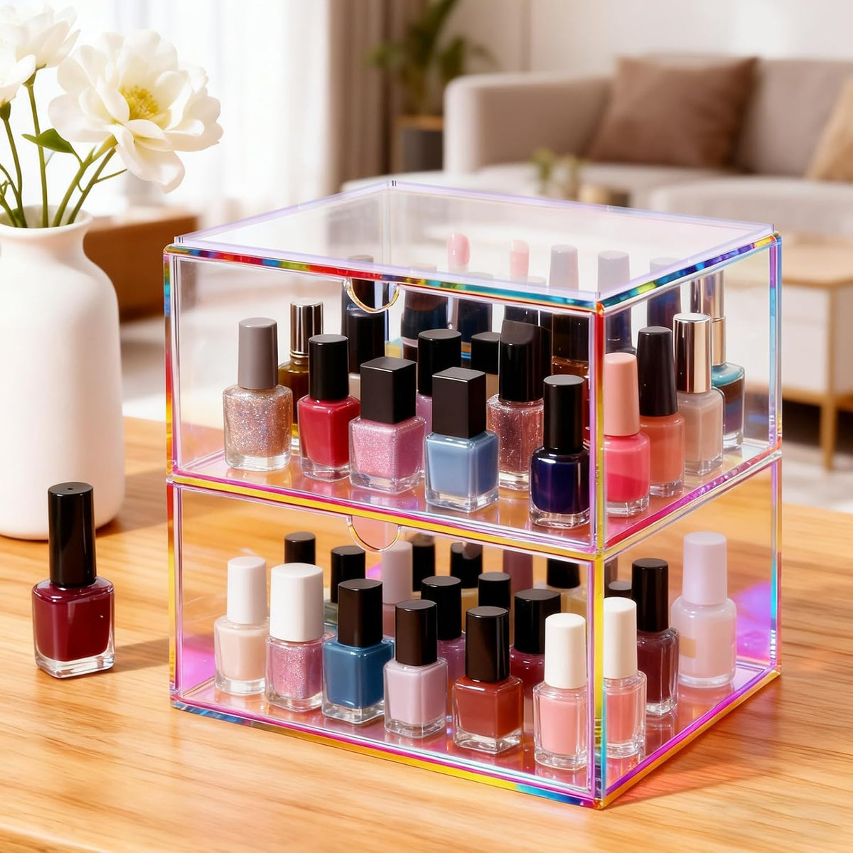 Acrylic Desk Organizer with Drawers Stackable Makeup Organizer for Vanity Office Countertop Cosmetic Display Cases Makeup Storage Box, Iridescent Rainbow