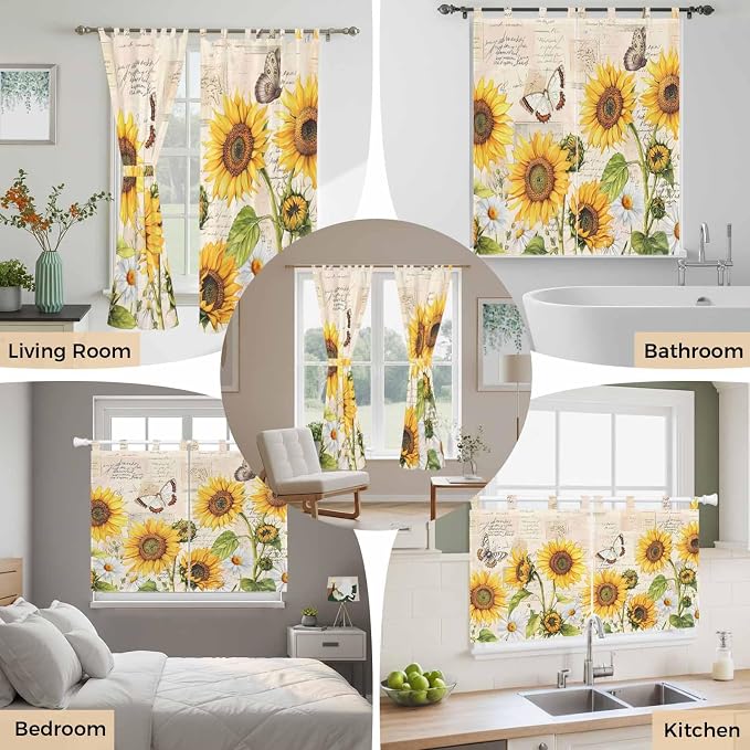 Yellow Sunflowers Kitchen Curtains 45 Inch Length, Short Cafe Window Curtains