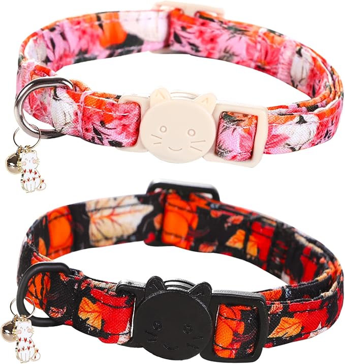 Fall Cat Collar-2 Pack Holiday Cat Collars Pumpkin Print Breakaway with Kitten and Bell Pendant Safety Buckle Pet Collar Cute Cotton Collar for Cats and Small Pets Gift